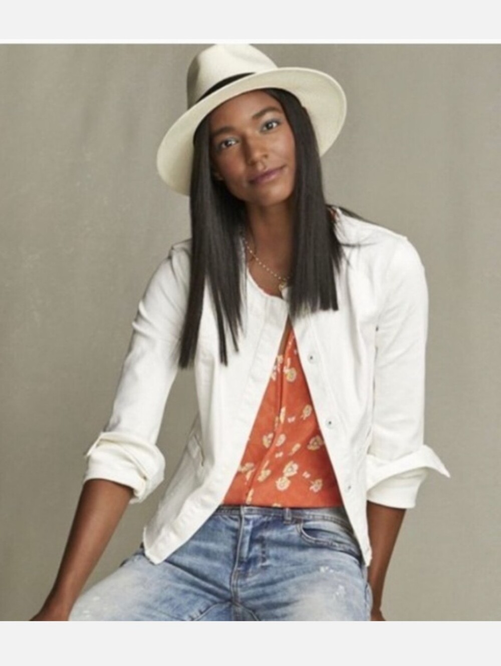 Cabi Castaway Stretch Denim Raw Edge Snap Front Jacket Cream Small